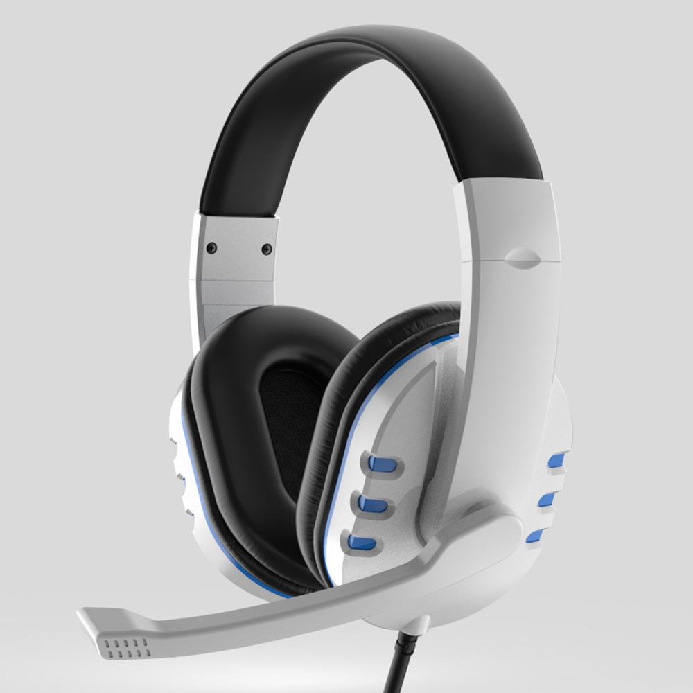 Ein weißes und schwarzes Gaming-Headset mit Mikrofon, isoliert vor hellem grauem Hintergrund.