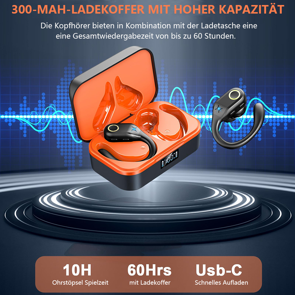 Orange und schwarze kabellose Ohrhörer in Ladecase. Text: '300-MAH-LADEKOFFER' und '10H'.