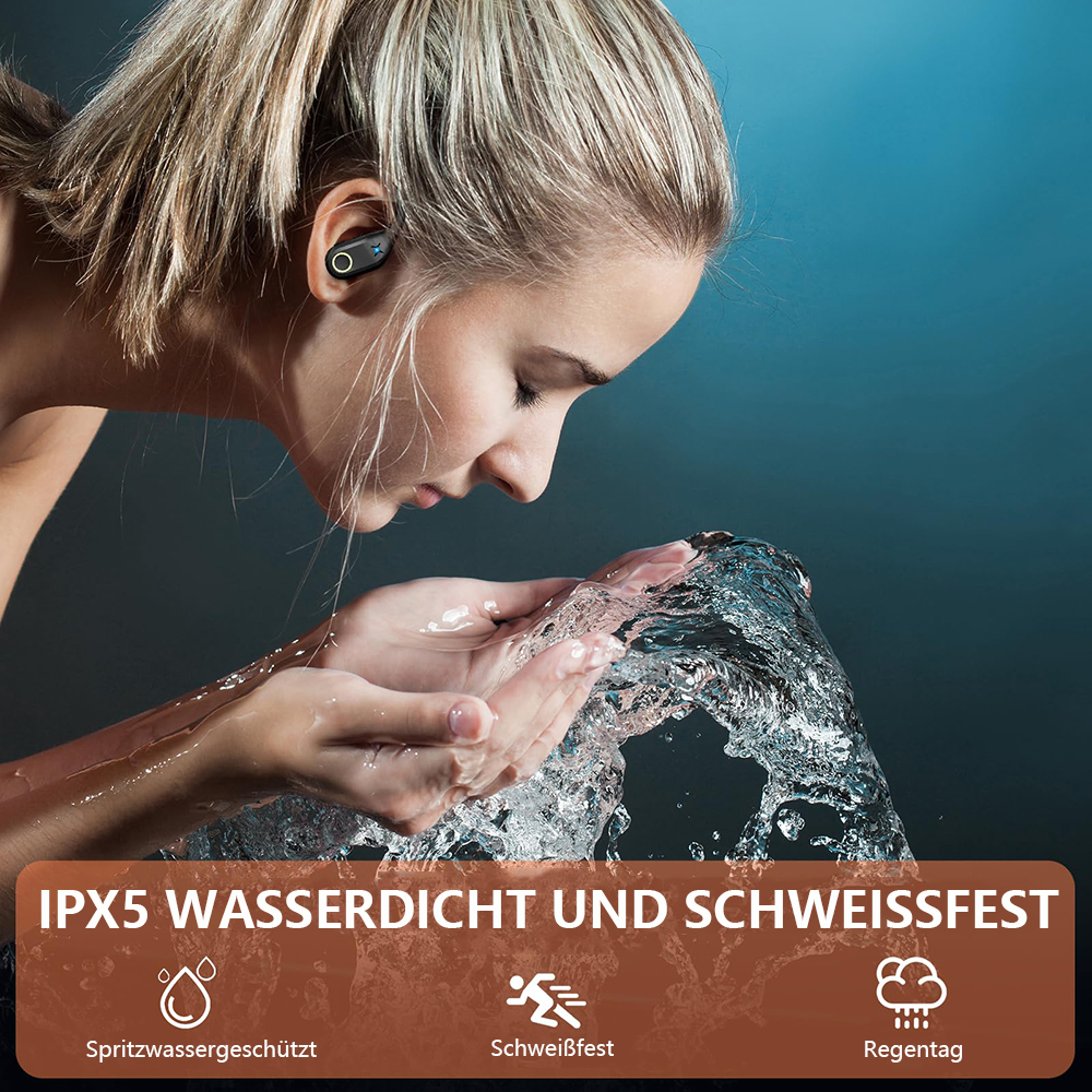 Frau wäscht Gesicht, trägt Ohrhörer. Text: IPX5 wasserdicht und schweißfest.