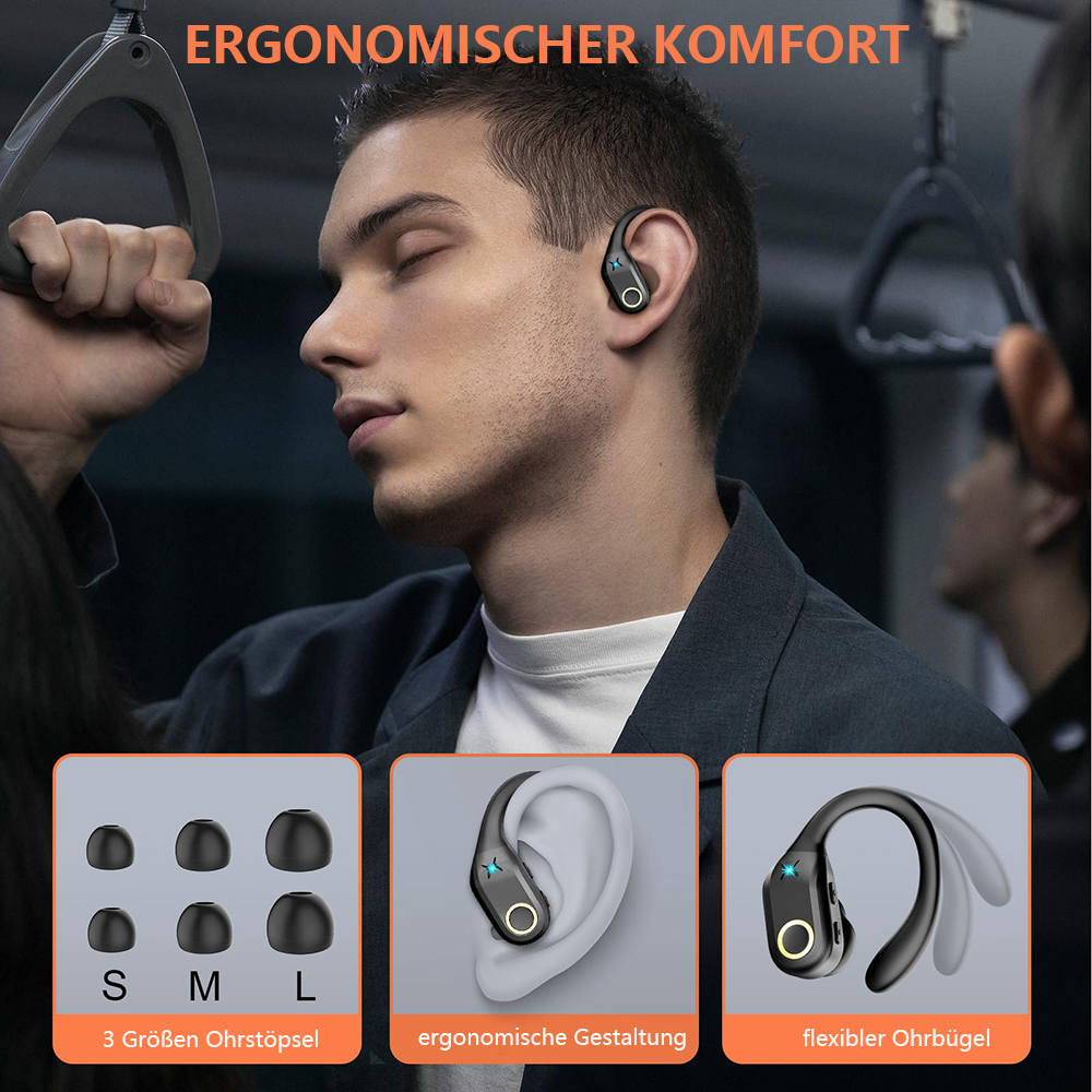 Mann mit Ohrhörern. Bilder zeigen Ohrhörerspitzen, ergonomisches Design und flexible Ohrbügel.