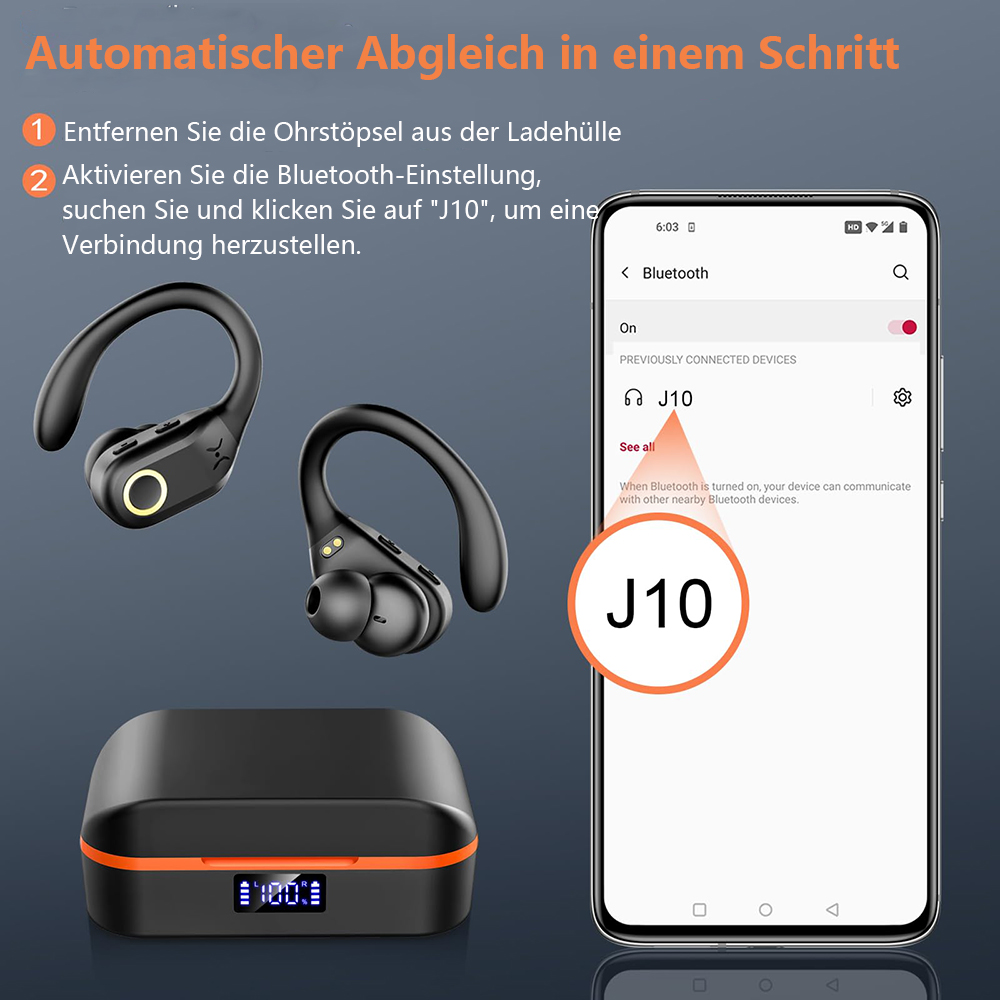 Kabellose Ohrhörer und Ladecase. Der Telefonbildschirm zeigt die Bluetooth-Verbindung. Anweisungen sind ebenfalls sichtbar.