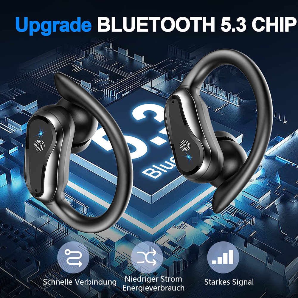Schwarze kabellose Ohrhörer mit Ladecase. Text: Upgrade, Bluetooth 5.3 Chip. Symbole für schnelle Verbindung.
