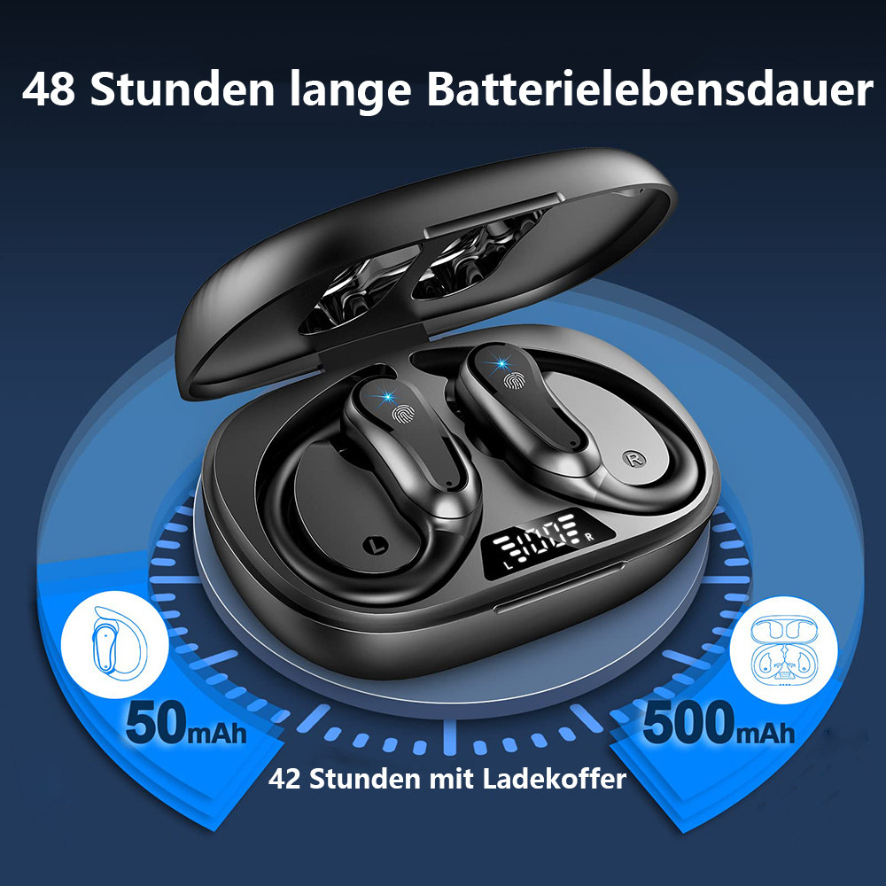 Schwarze Ohrhörer in einer Ladehülle mit Batterie-Infos und Symbolen.