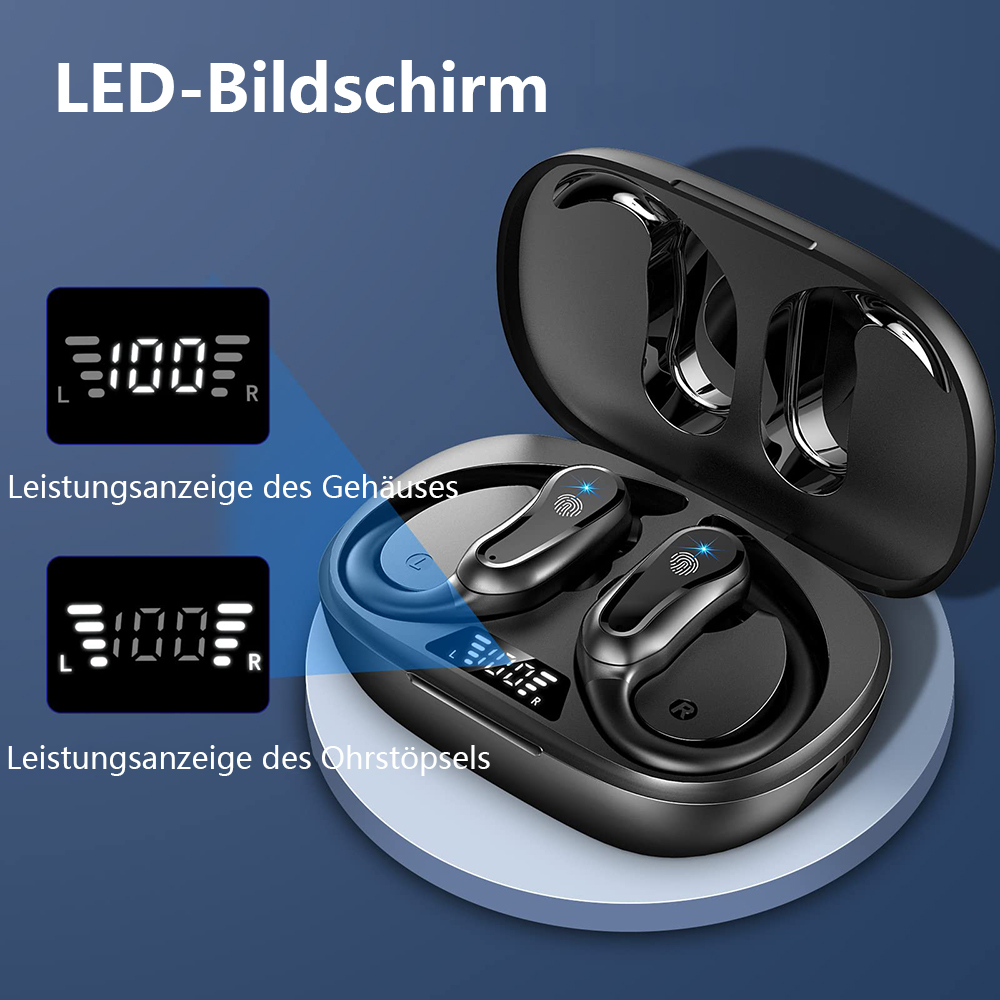 Schwarze kabellose Ohrhörer in einem Ladecase, LED-Anzeige für den Akkustand.
