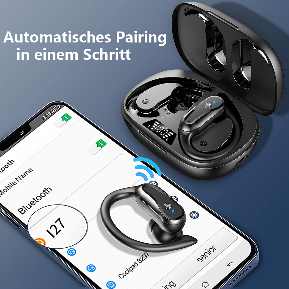 Ohrhörer und Telefonbildschirm zeigen Bluetooth-Verbindung. Text auf Deutsch.