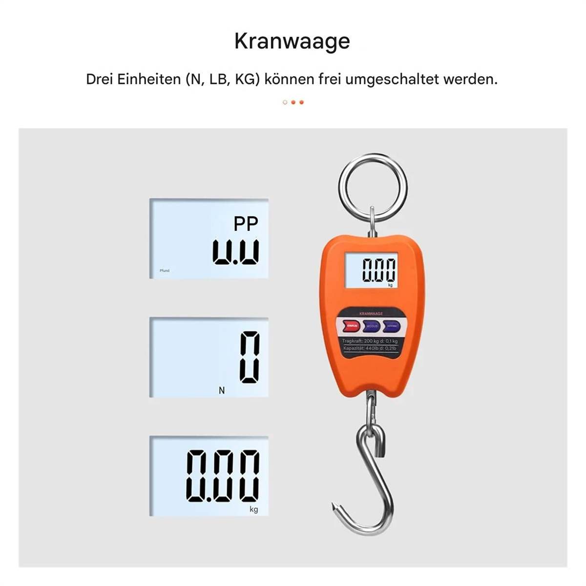 Eine orangefarbene Hängewaage mit Messungen in drei Einheiten.