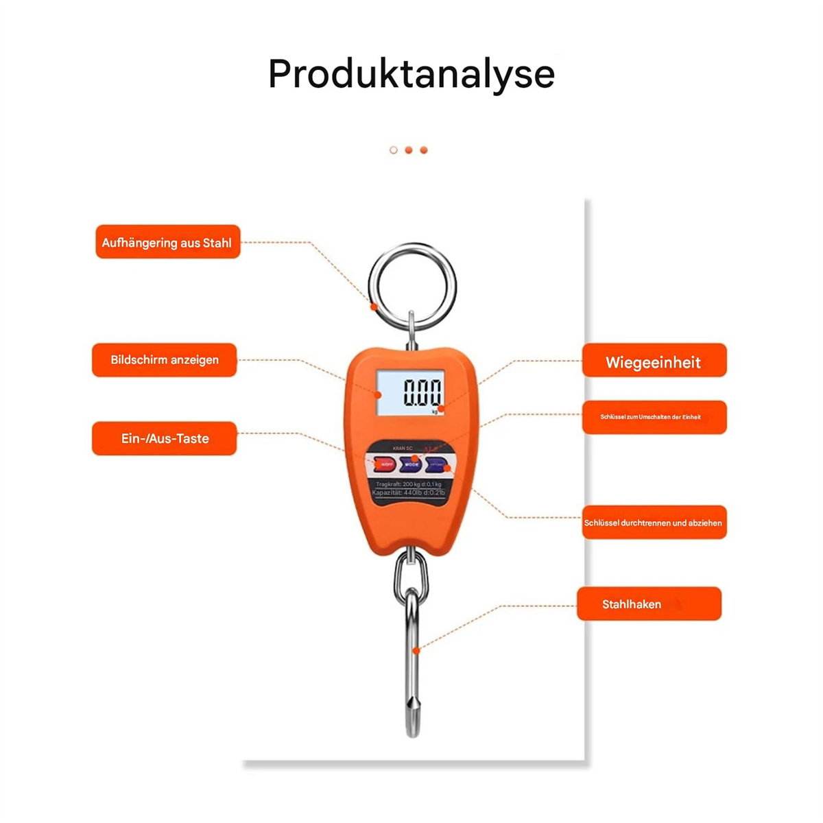 Eine orange Waage mit Haken und Digitalanzeige. Der Text beschreibt die Funktionen der Waage.
