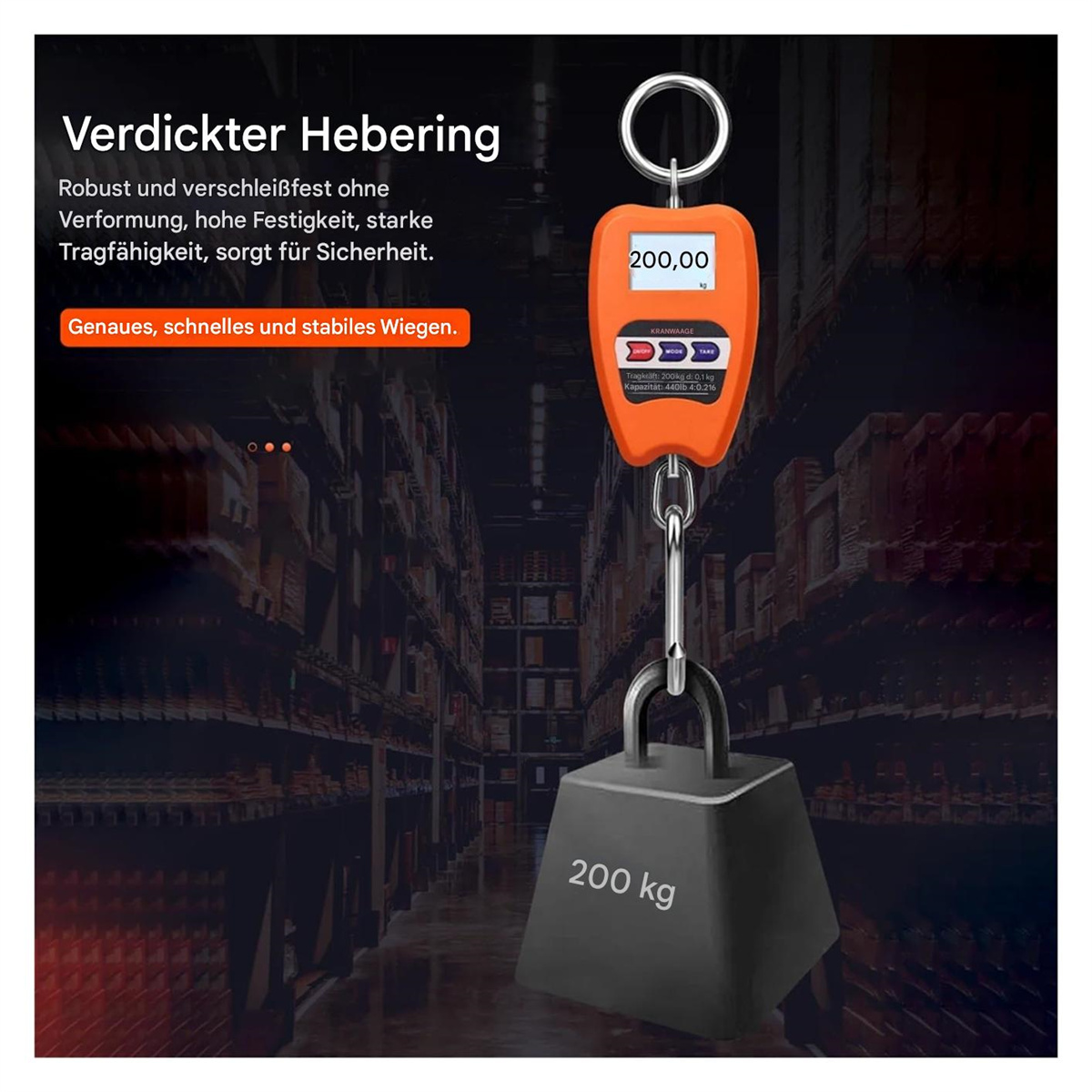 Eine orange digitale Waage, die an einem Haken hängt und einen schwarzen, 200 kg schweren Block wiegt. Text auf Deutsch sichtbar.
