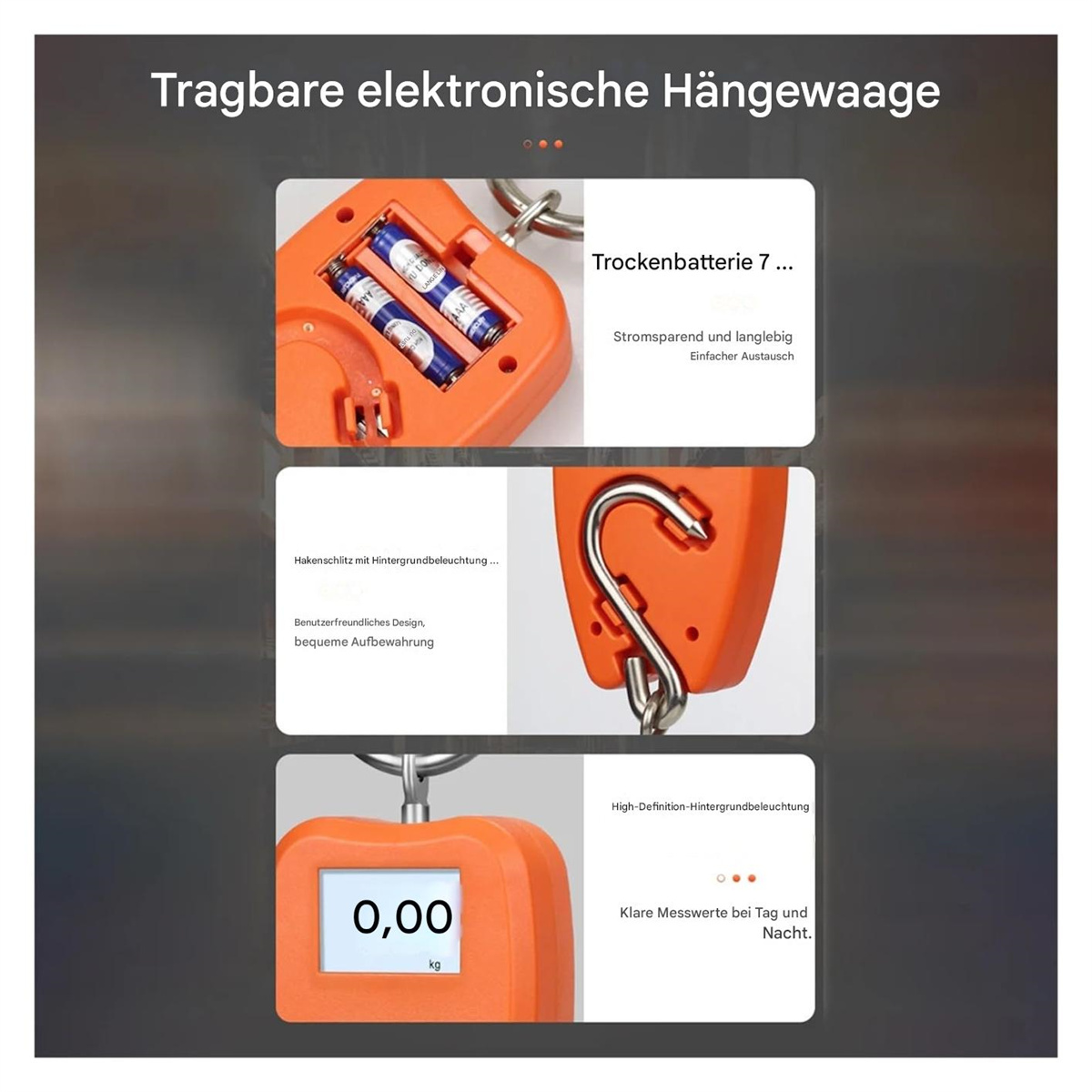 Eine orange digitale Hängewaage mit Bildschirm und Batterien.