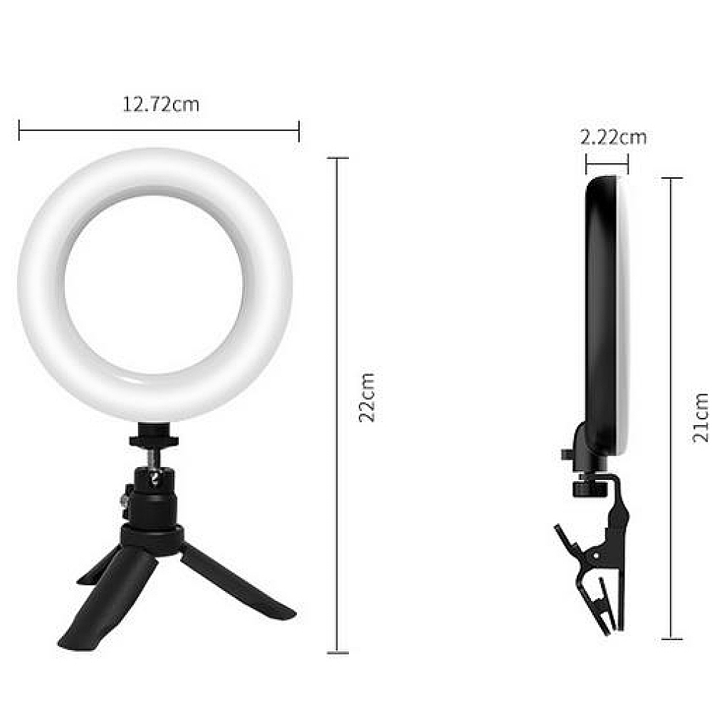 Ringlicht mit Stativ, Maße werden angezeigt. 22cm Höhe. 12,72cm Breite.