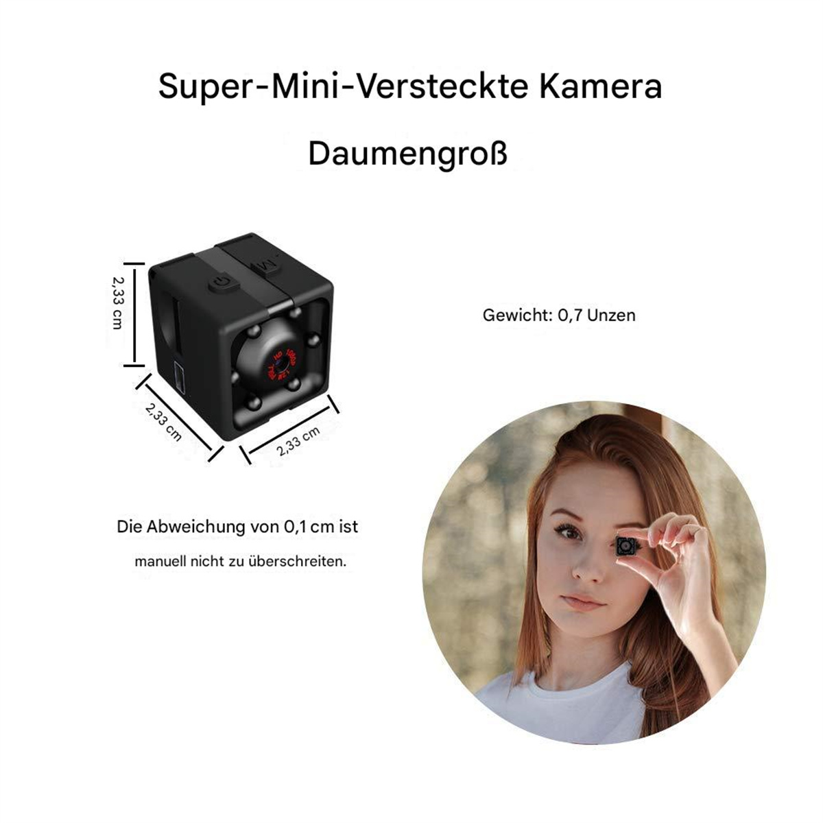 Eine Frau hält eine Super-Mini-Kamera. Die Kamera ist schwarz und würfelförmig, mit Abmessungen in cm.