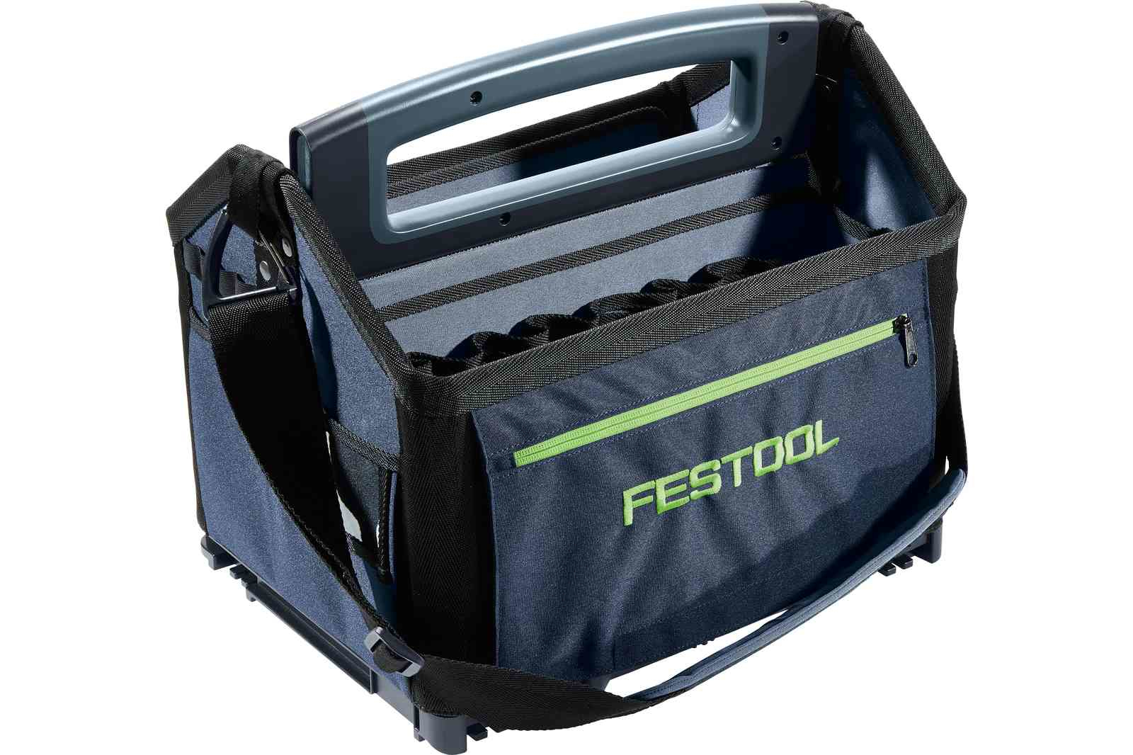 Blau-graue Werkzeugtasche mit Griff, Schultergurt und grünem Logo. Weißer Hintergrund.