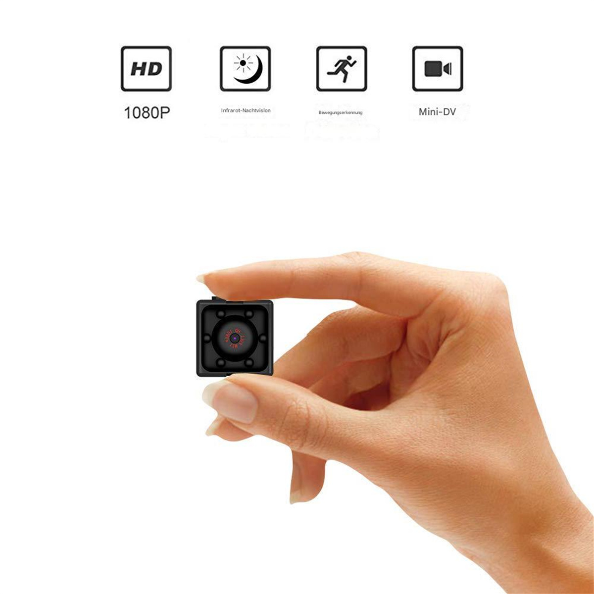 Eine winzige schwarze Kamera wird von einer Hand gehalten, umgeben von Symbolen.