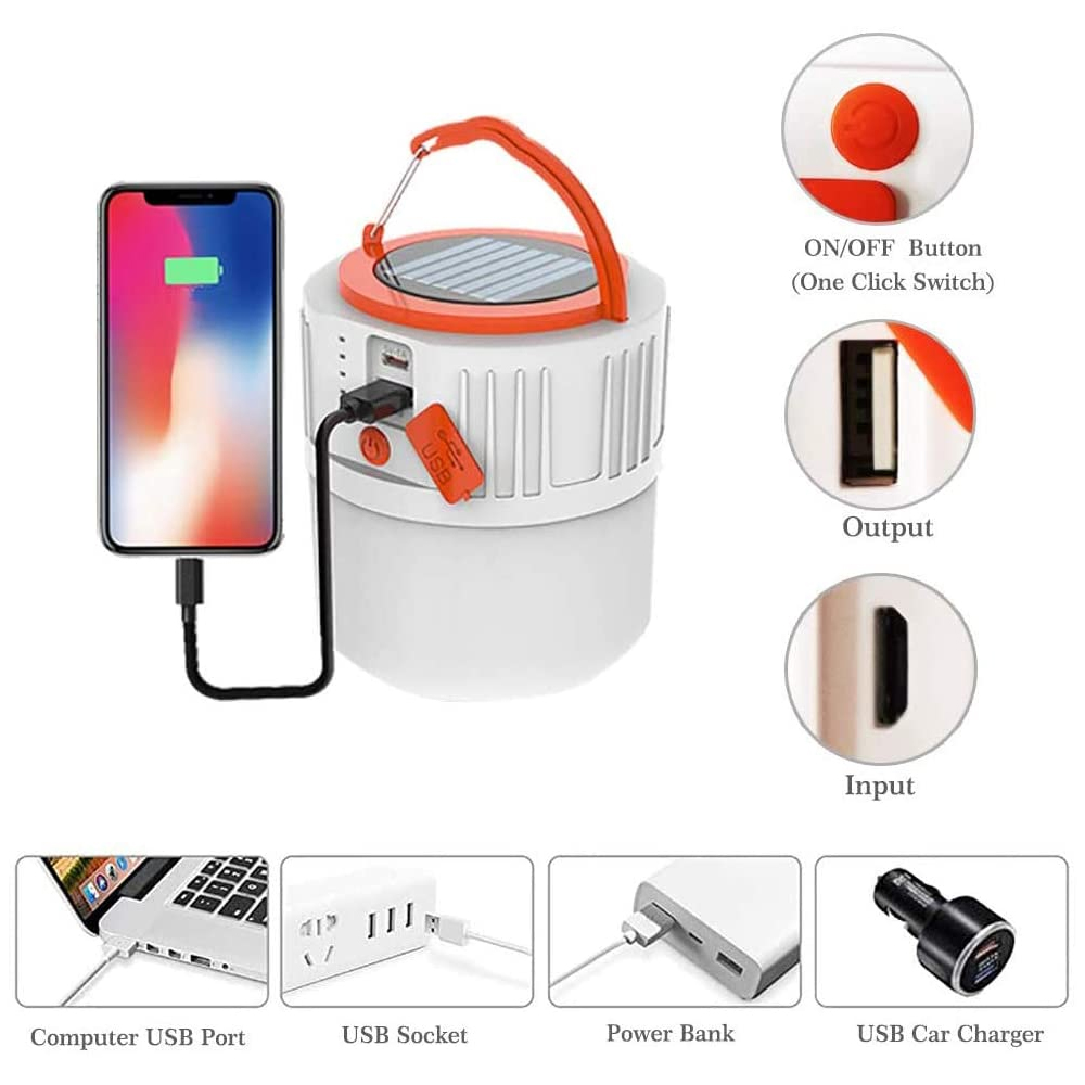 Weiße und orangefarbene tragbare Lampe, Smartphone wird geladen, mit Produktdetails, weißer Hintergrund.