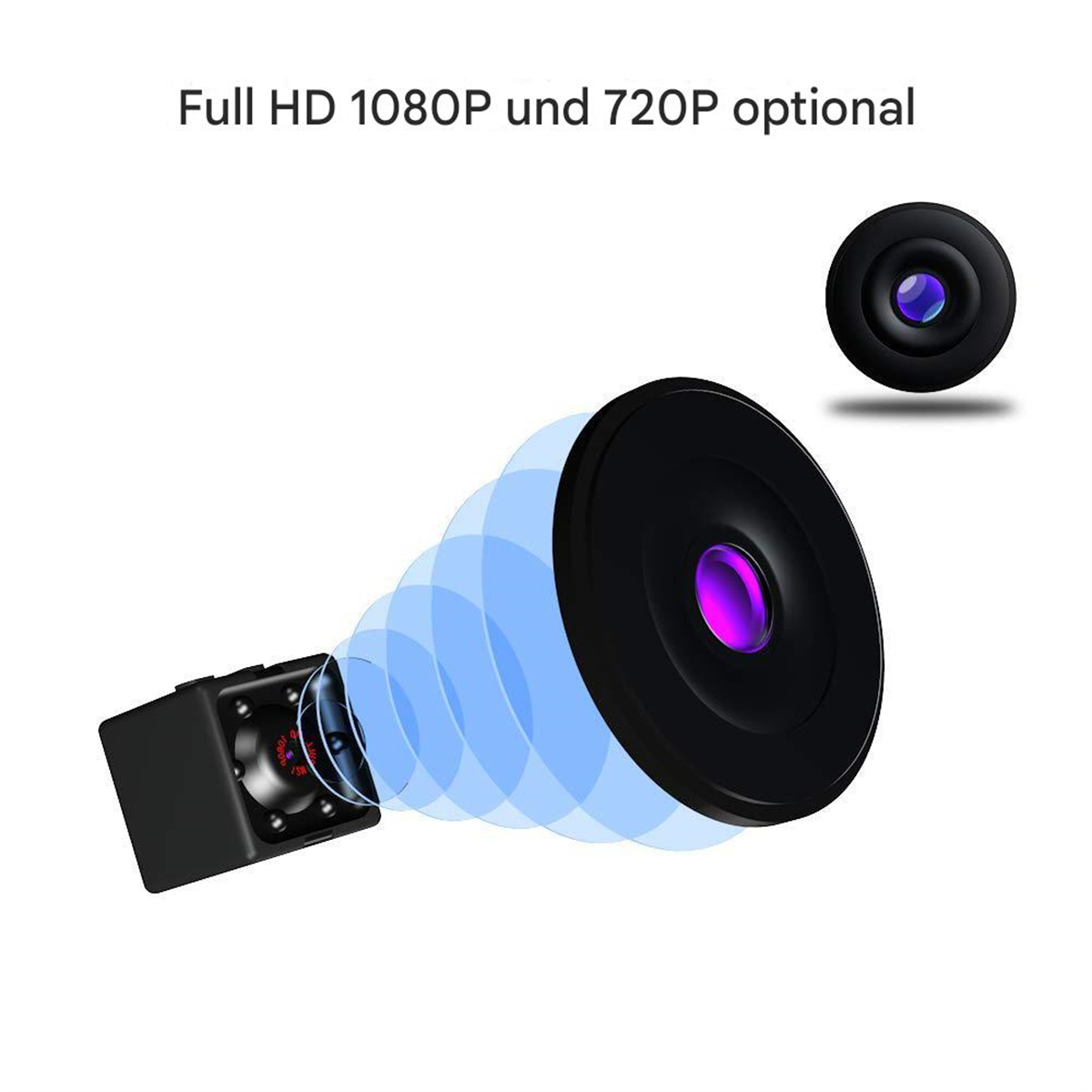 Kleine schwarze Kamera mit Objektiv, und ein größeres Objektiv. Zeigt Lichtstrahlen und den Text: Full HD.