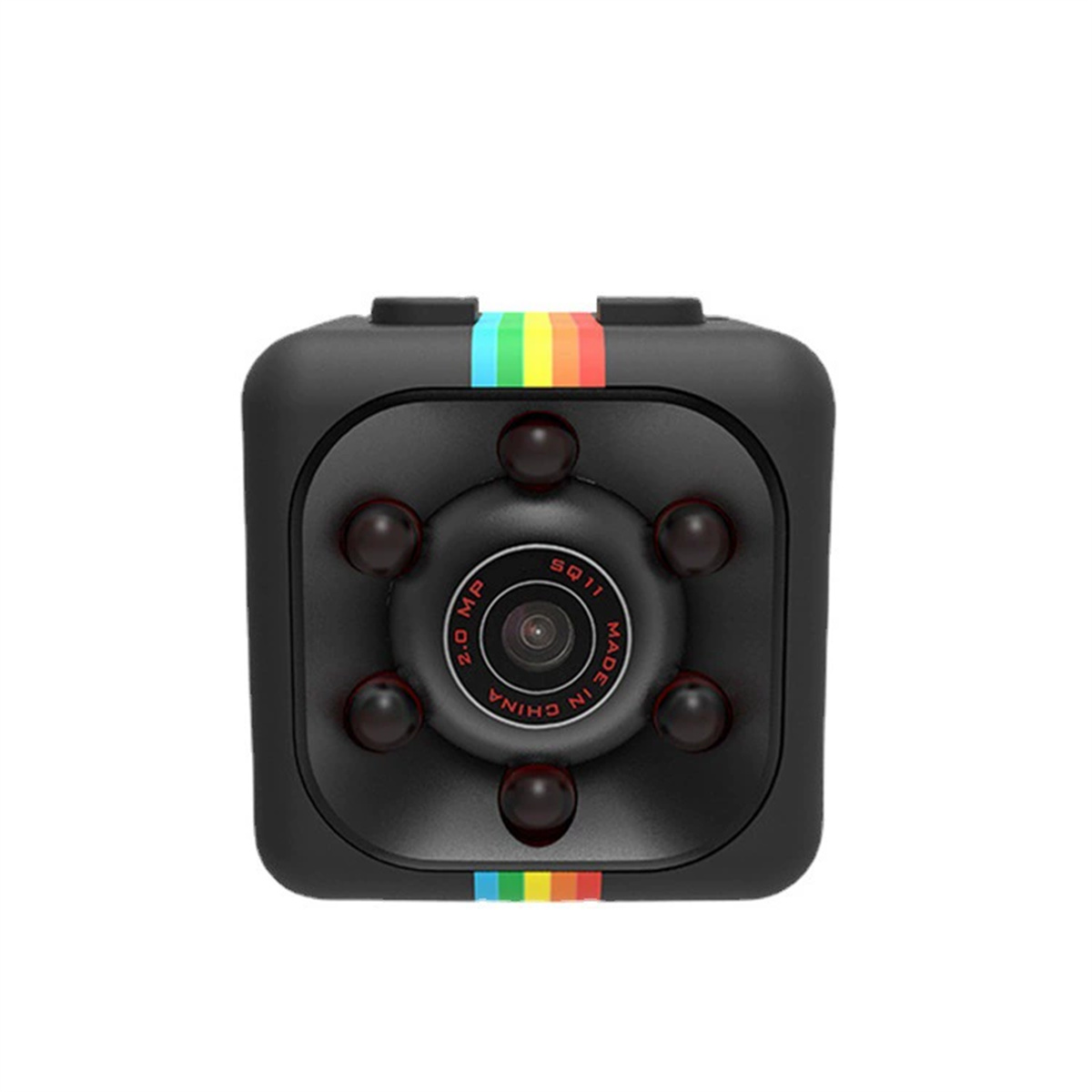 Eine kleine schwarze Kamera mit Regenbogenstreifen und sechs Linsen. Weißer Hintergrund.
