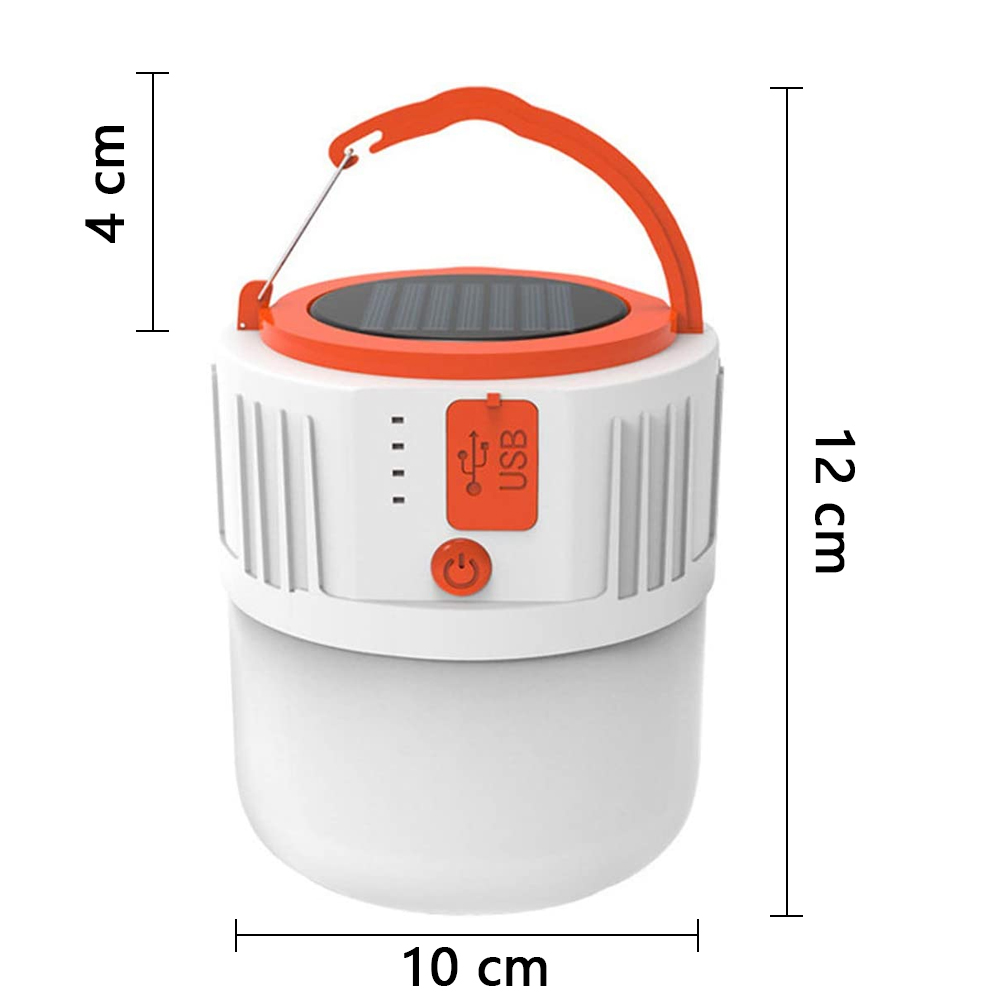 Eine weiße und orangefarbene Laterne mit Solarpanel, Griff, USB-Anschluss und Ein-/Ausschalter. Abmessungen werden in Zentimetern angezeigt.