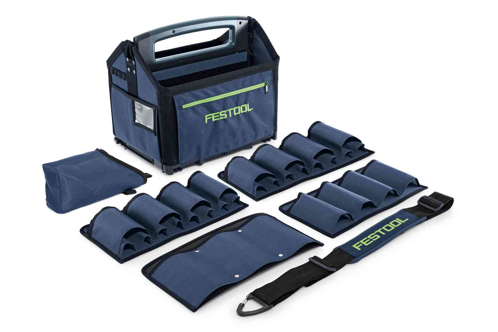 Blau-schwarze Werkzeugtasche mit separaten Werkzeughaltern und Schultergurt.
