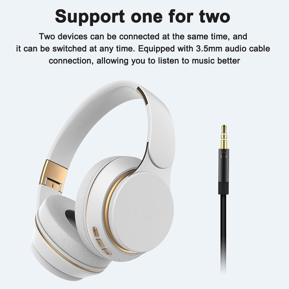 Weiße und goldene Kopfhörer mit schwarzem Kabel und 3,5-mm-Audioanschluss.