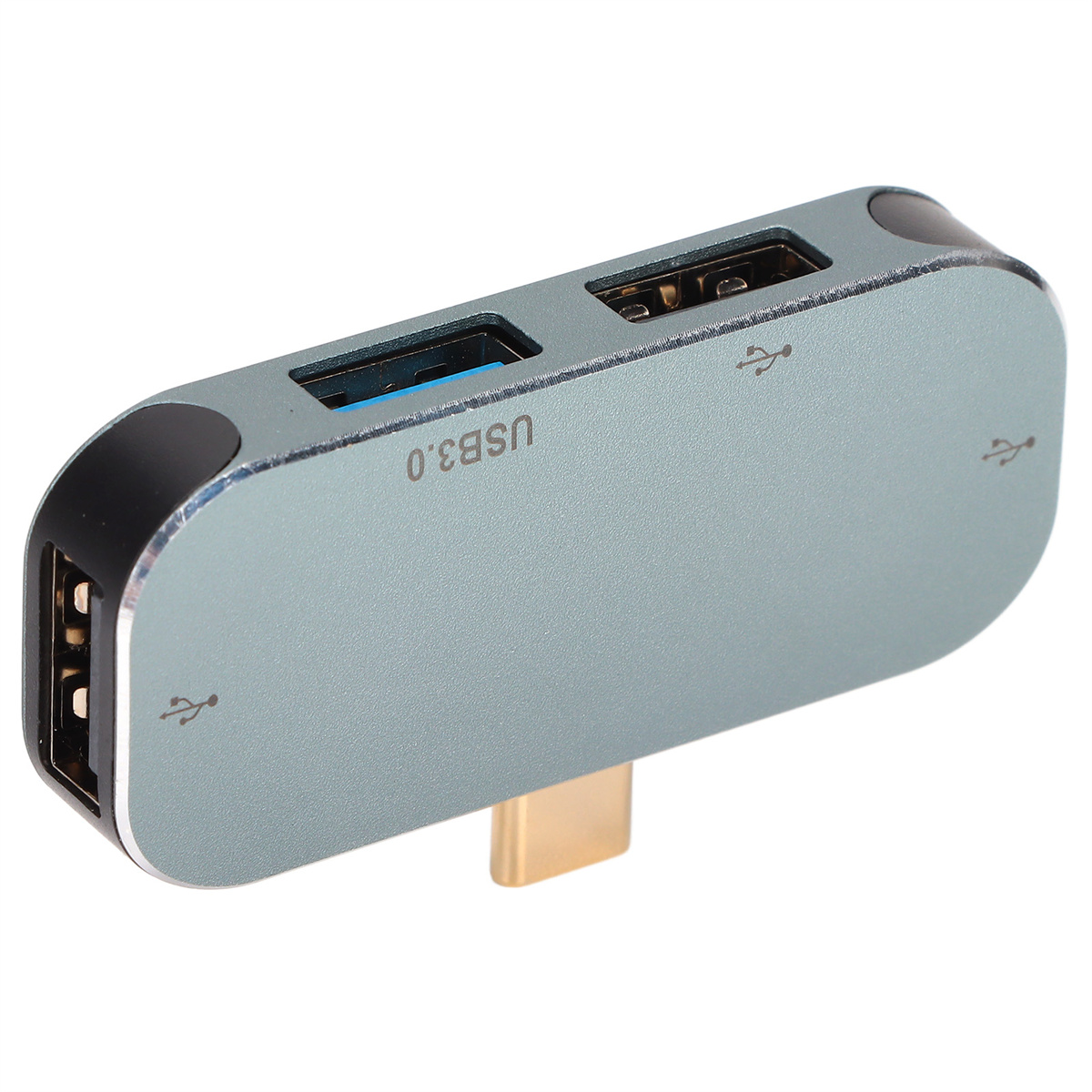 Ein silberner USB 3.0-Hub mit USB-Anschlüssen und einem goldenen USB-C-Anschluss wird angezeigt.