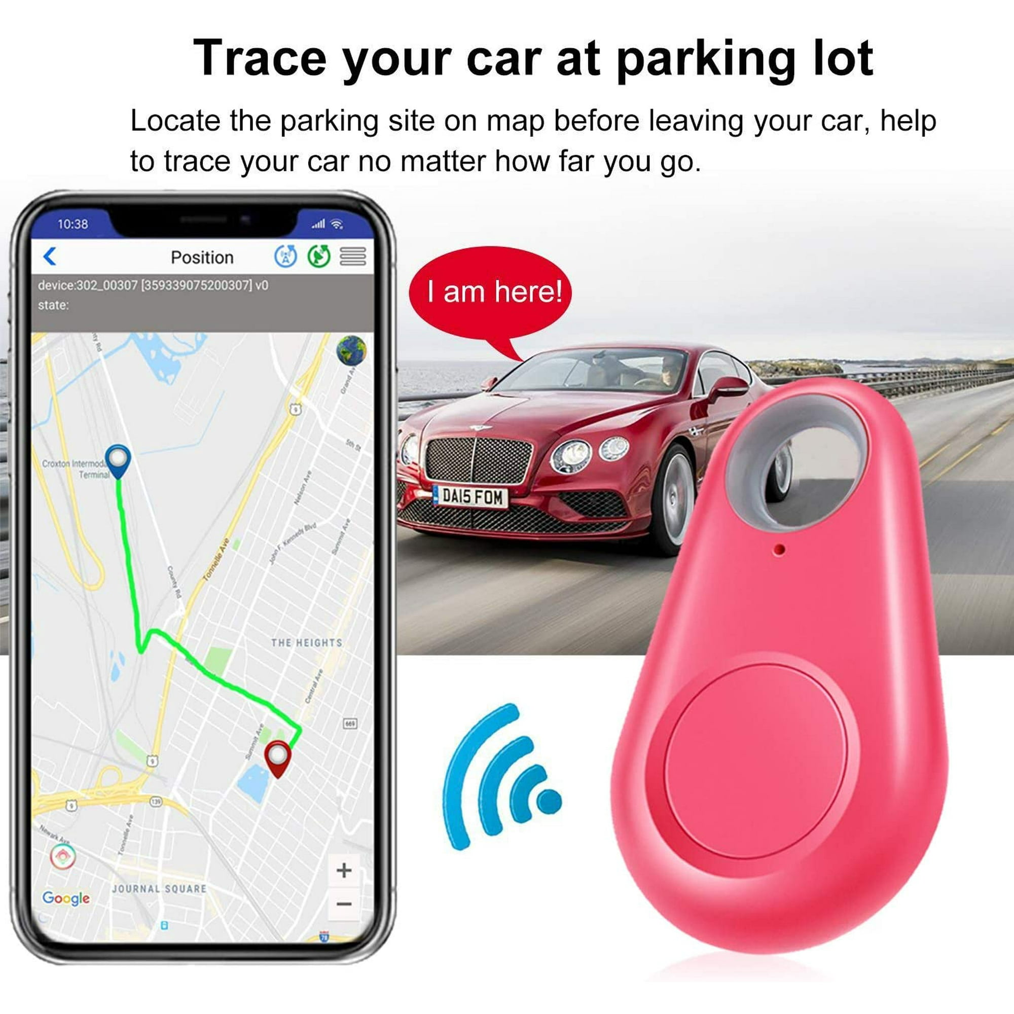 Pinkfarbener Tracker mit Smartphone, das Karte und rotes Auto zeigt, Text 'Ich bin hier!'