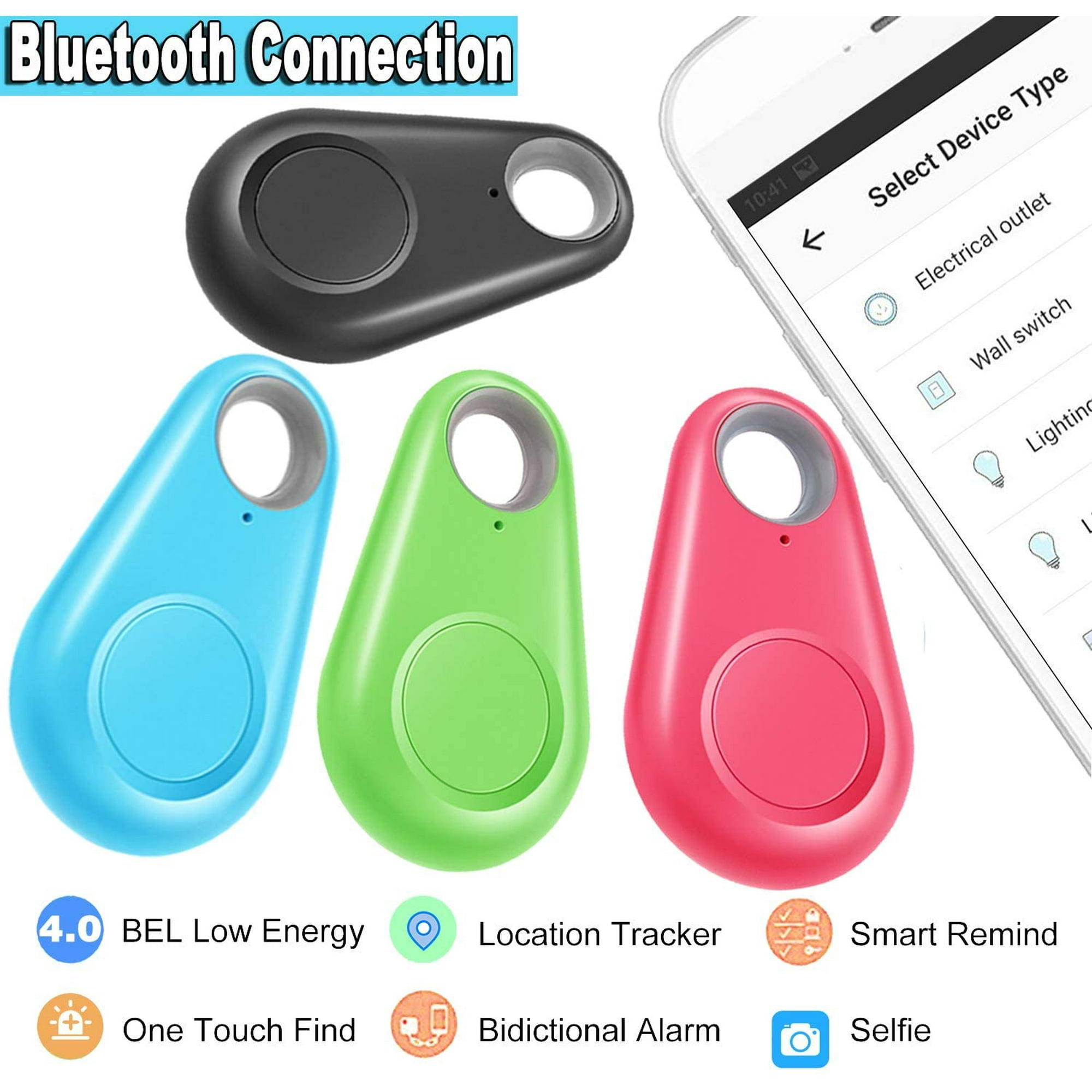 Bluetooth-Tracker in Blau, Grün und Pink mit Symbolen für Funktionen wie Standort und Erinnerungen.