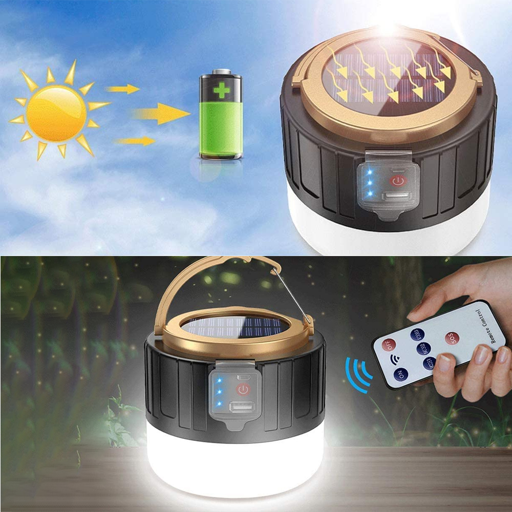 Solarbetriebene Laterne, die geladen wird, mit Sonne, Batterie und Fernbedienung.