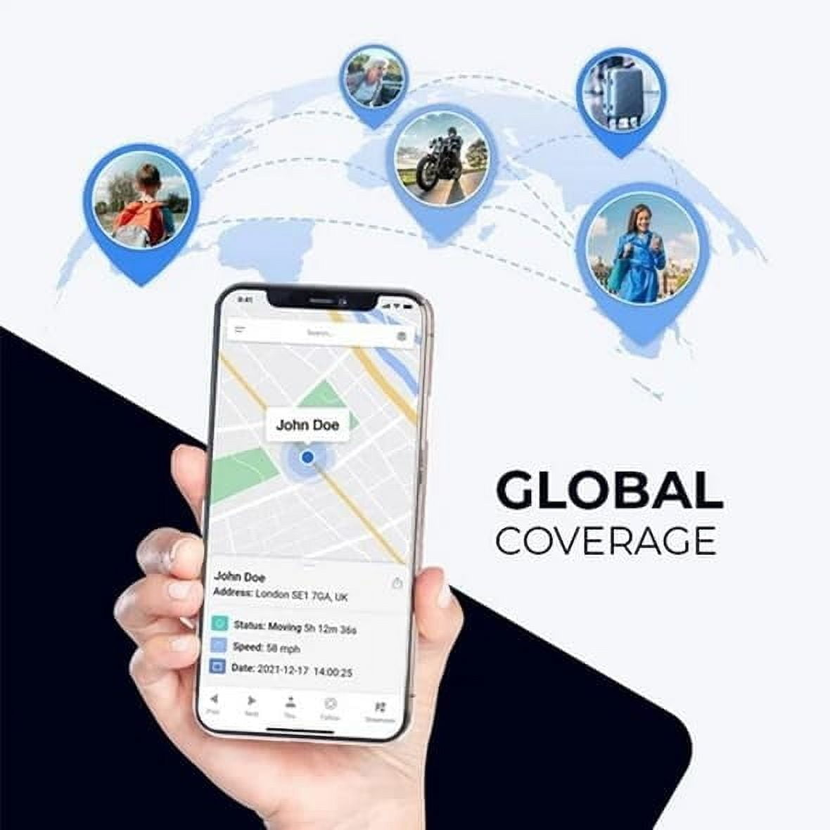 Eine Person hält ein Telefon mit einer Karte. Symbole von Personen und Reisen umgeben das Telefon.