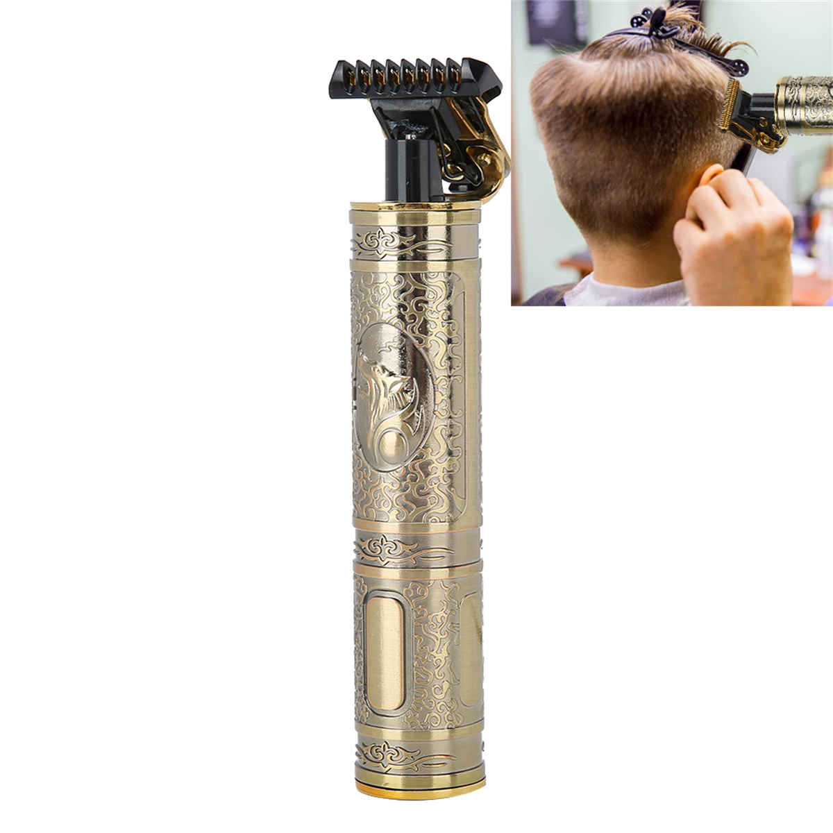 Goldener und schwarzer Haarschneider mit aufwendigem Design, ein zweites Bild zeigt Haareschneiden.
