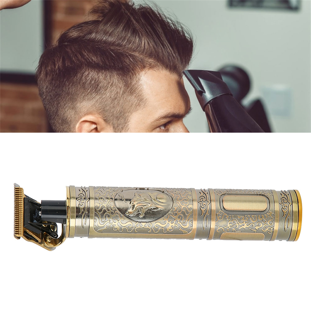 Ein Mann beim Haarschnitt, mit der Haarschneidemaschine und dem Werkzeug des Friseurs im Blick.