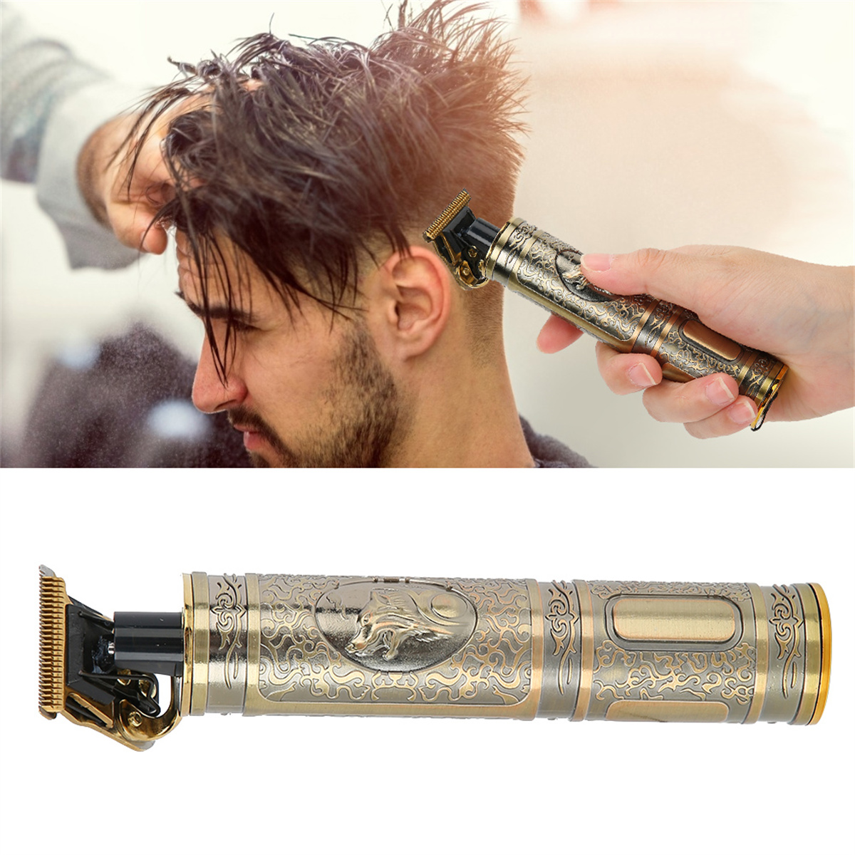 Friseur schneidet das Haar eines Mannes mit einem gold-schwarzen elektrischen Haarschneider.