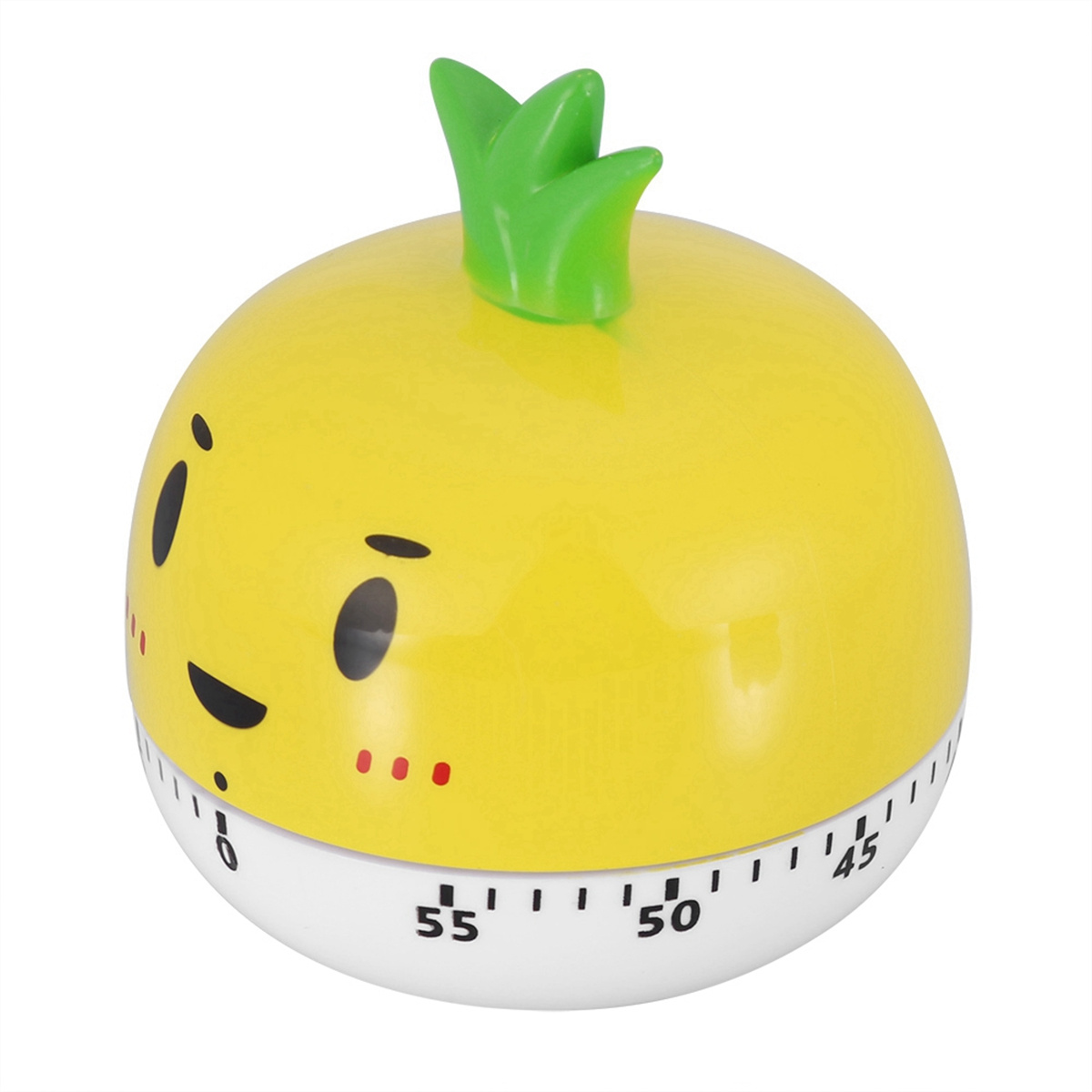 Gelber eiförmiger Timer mit einem Cartoon-Gesicht. Er hat einen weißen Sockel und einen grünen Aufsatz.
