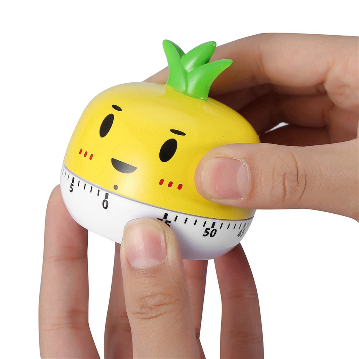 Gelber Timer in Ananasform, gehalten von Händen, mit Zahlen und einem Smiley-Gesicht.