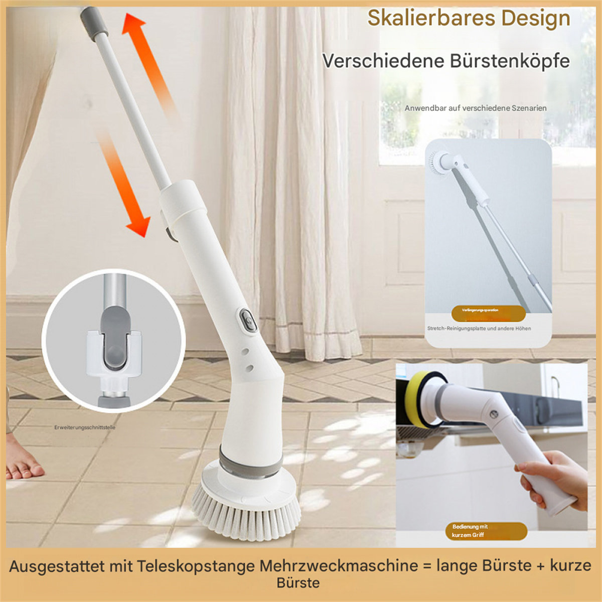 Elektrische Reinigungsbürste in Weiß und Grau mit Verlängerung und verschiedenen Bürstenköpfen.
