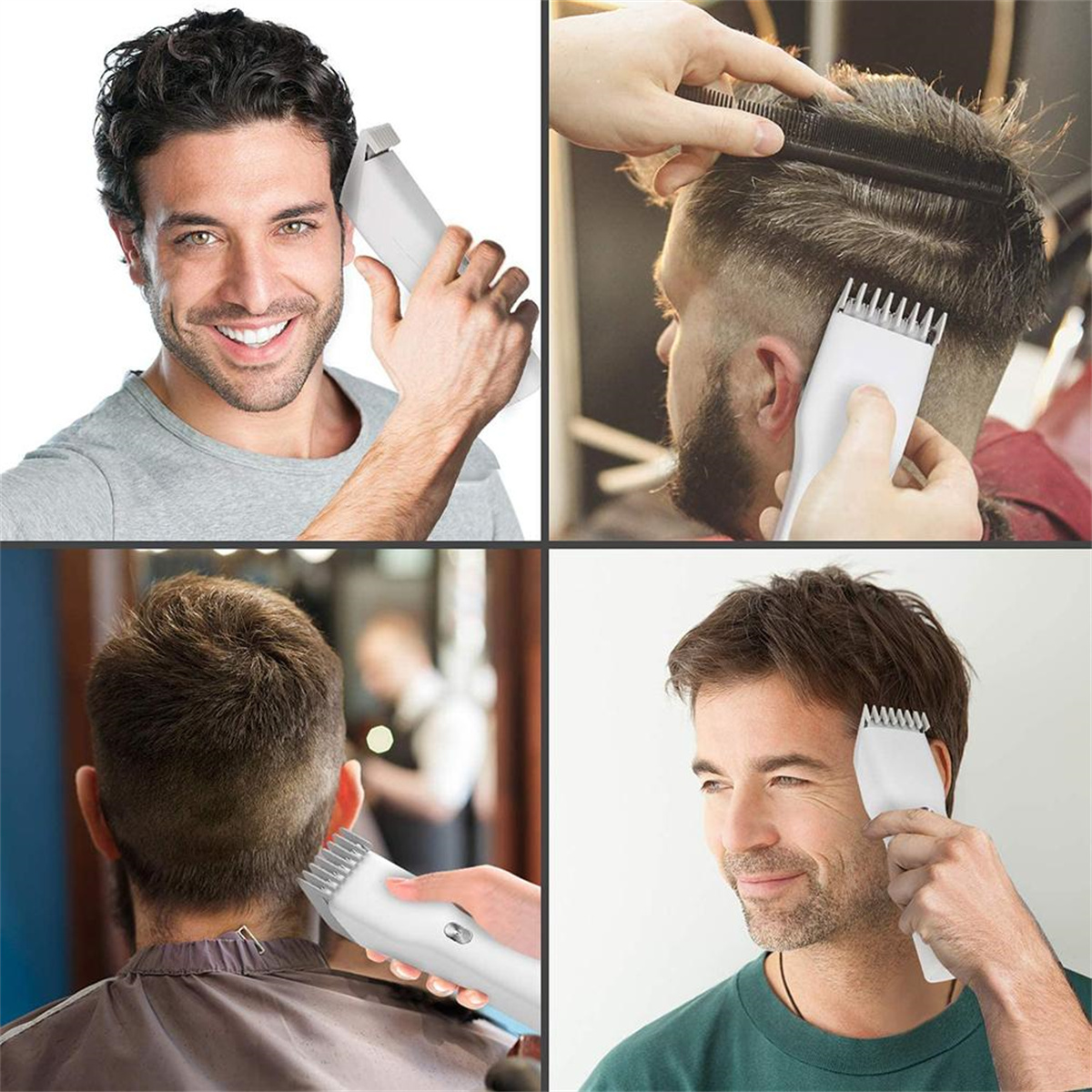 Vier Bilder von Männern, die mit Haarschneidern Haare schneiden und Bärte trimmen.