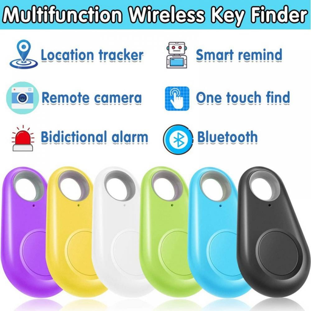 Multifunktionaler drahtloser Schlüsselfinder. Sechs farbige Schlüsselfinder. Symbole und Text um die Finder herum.