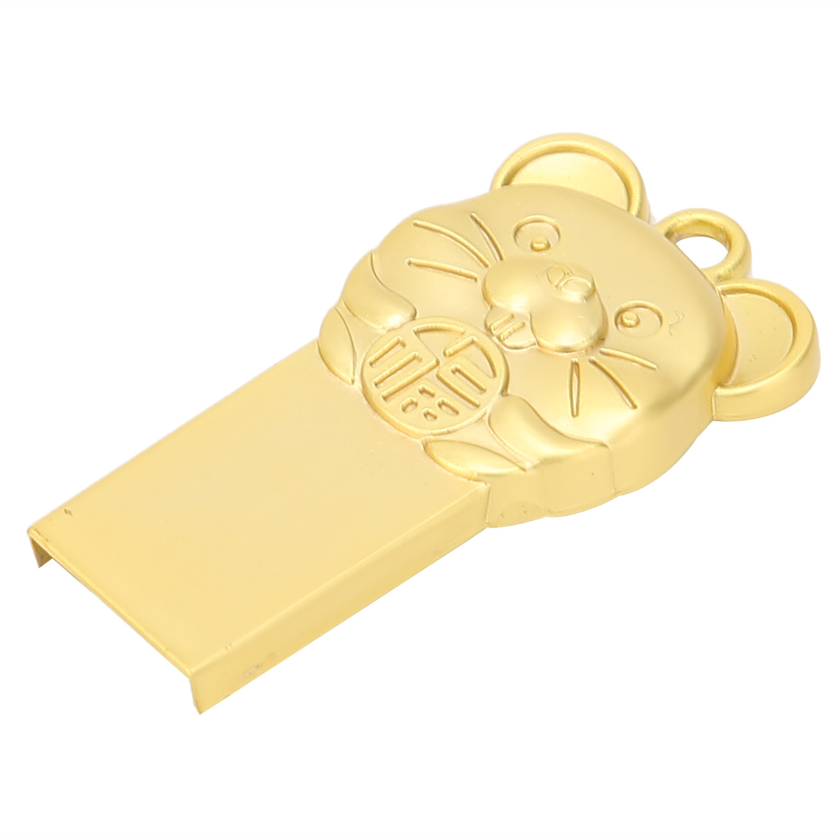 Ein goldener USB-Stick in Form eines Bärenkopfes. Er hat einen rechteckigen Abschnitt für die Datenspeicherung.