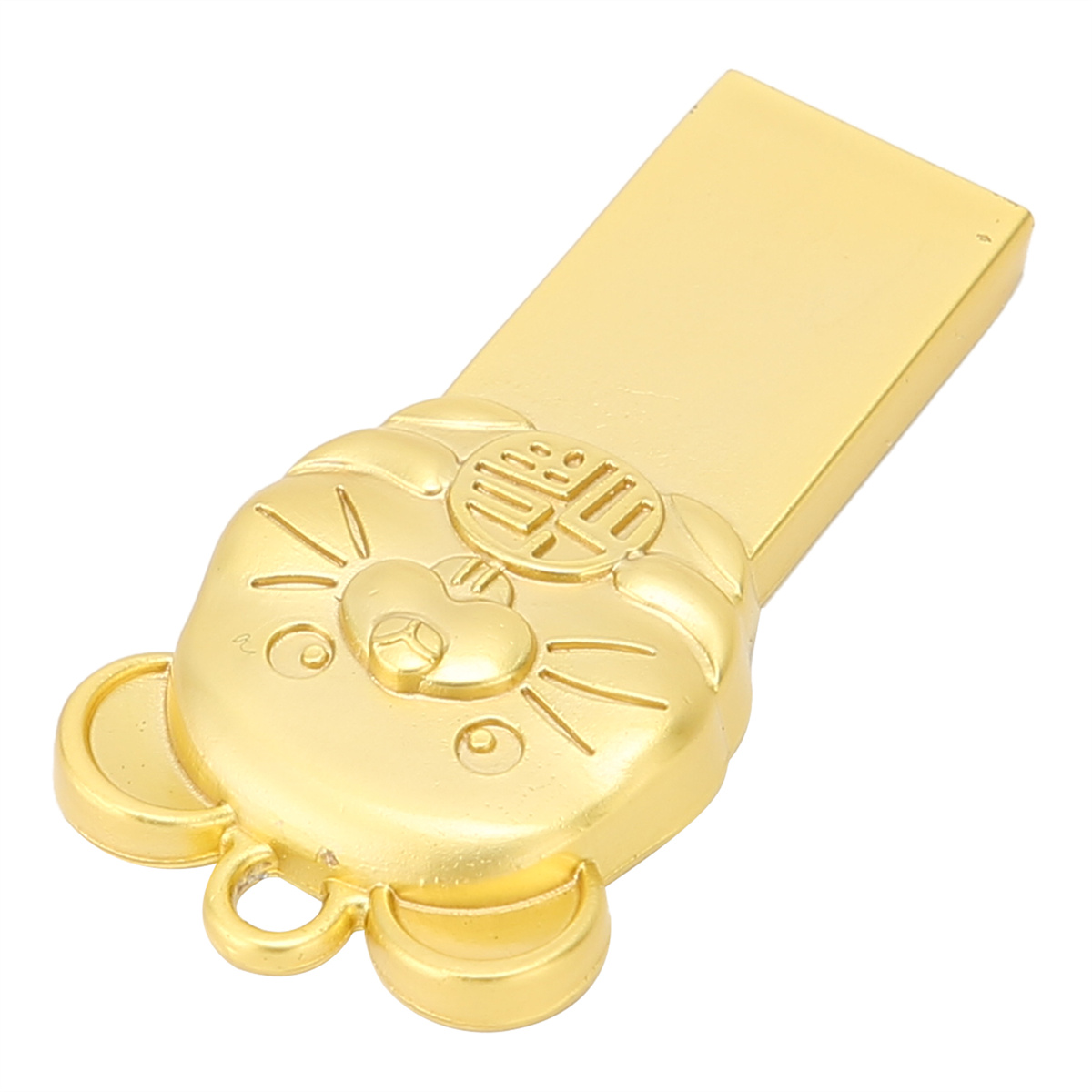 Goldener USB-Stick in Form eines Cartoon-Katzenkopfes. Goldmetall.