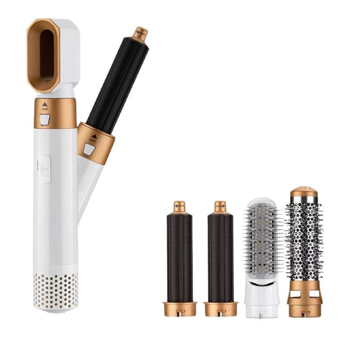 Weißes, gold- und schwarzes Haarstyling-Tool-Set mit mehreren Aufsätzen.