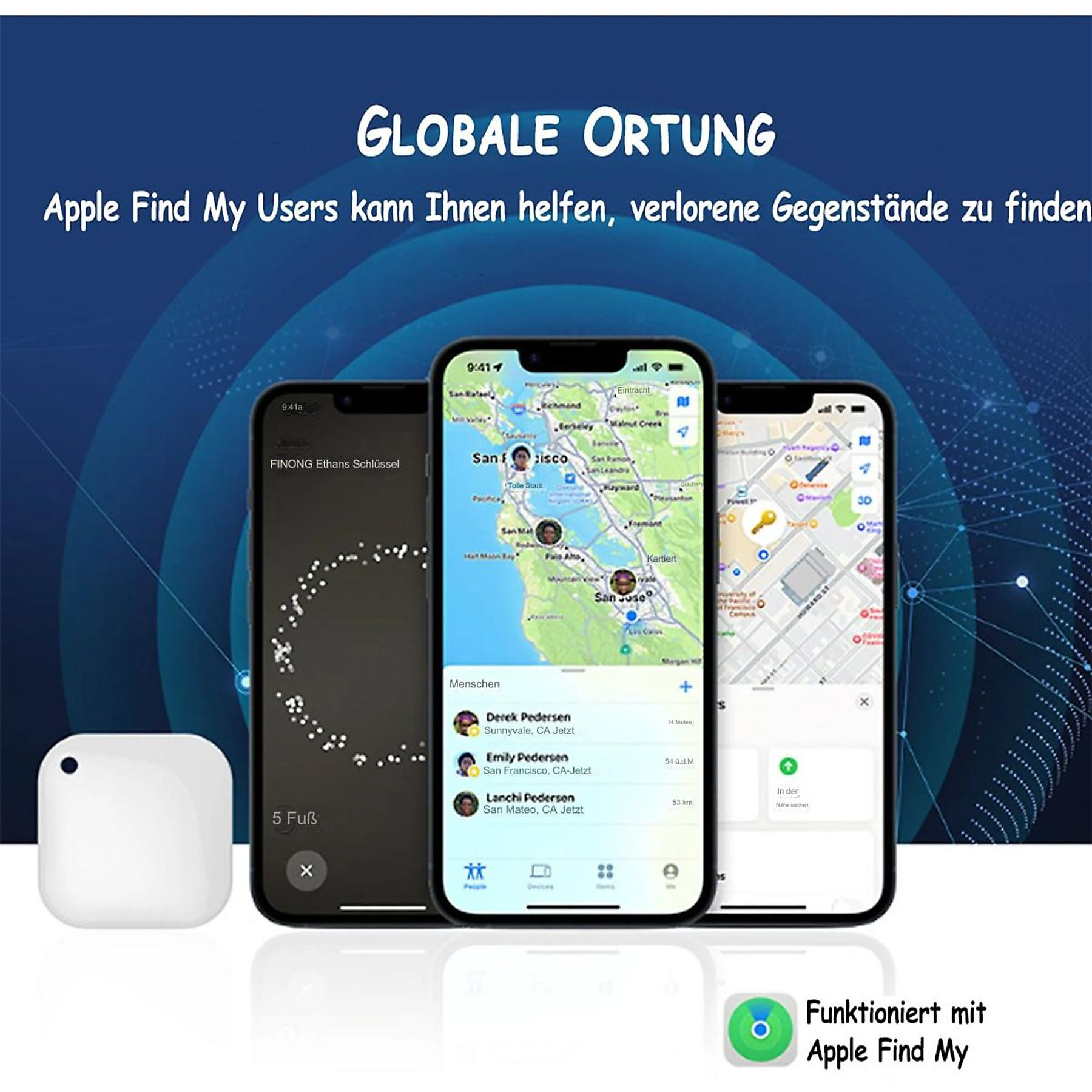 Drei iPhones zeigen eine Karten-App. Text auf Deutsch: Apple Find My. Weißer Hintergrund.