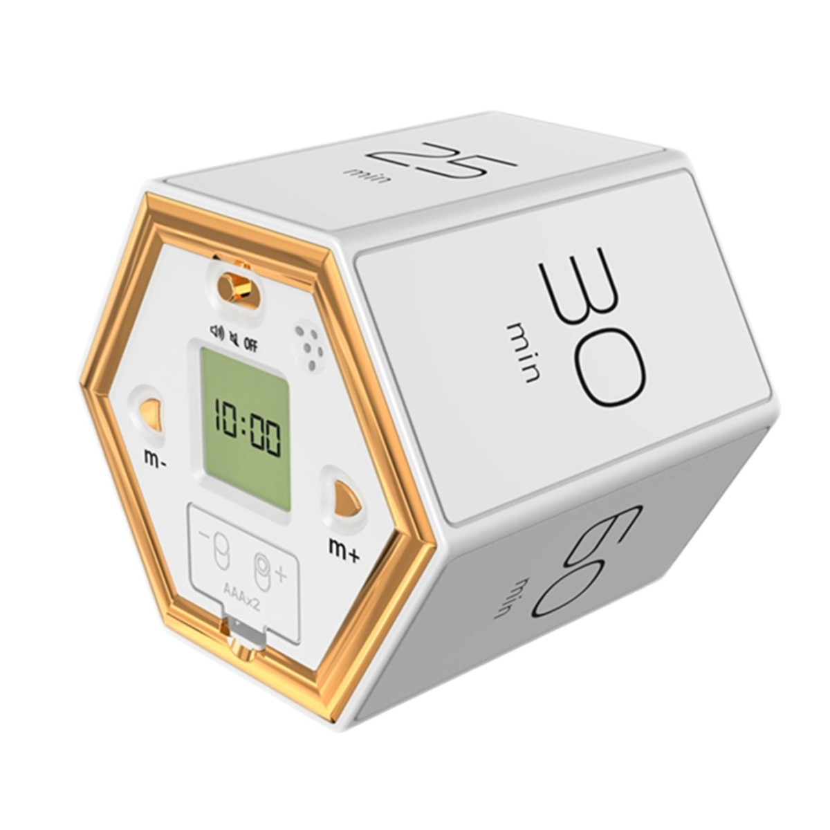 Weißer, goldverzierter Timer mit Zeitanzeige und Tasten.