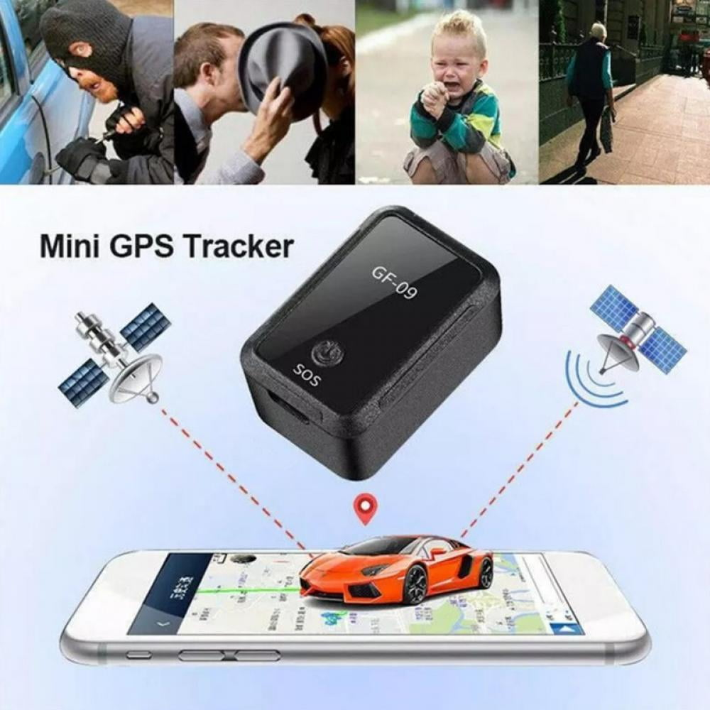Bild eines Mini-GPS-Trackers und zugehöriger Grafiken. Zeigt Auto, Satellit und Kriminalitätsbilder.