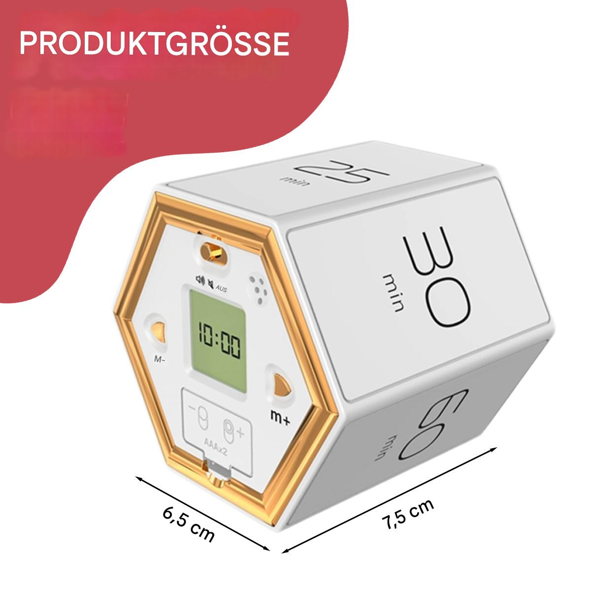 Weißer Sechseck-Timer mit goldenem Rand zeigt die Zeit an. Abmessungen in cm angegeben.