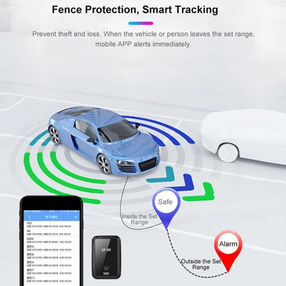 Ein blaues Auto auf einer Strecke mit einem Telefon und Text, der das Ortungssystem erklärt.