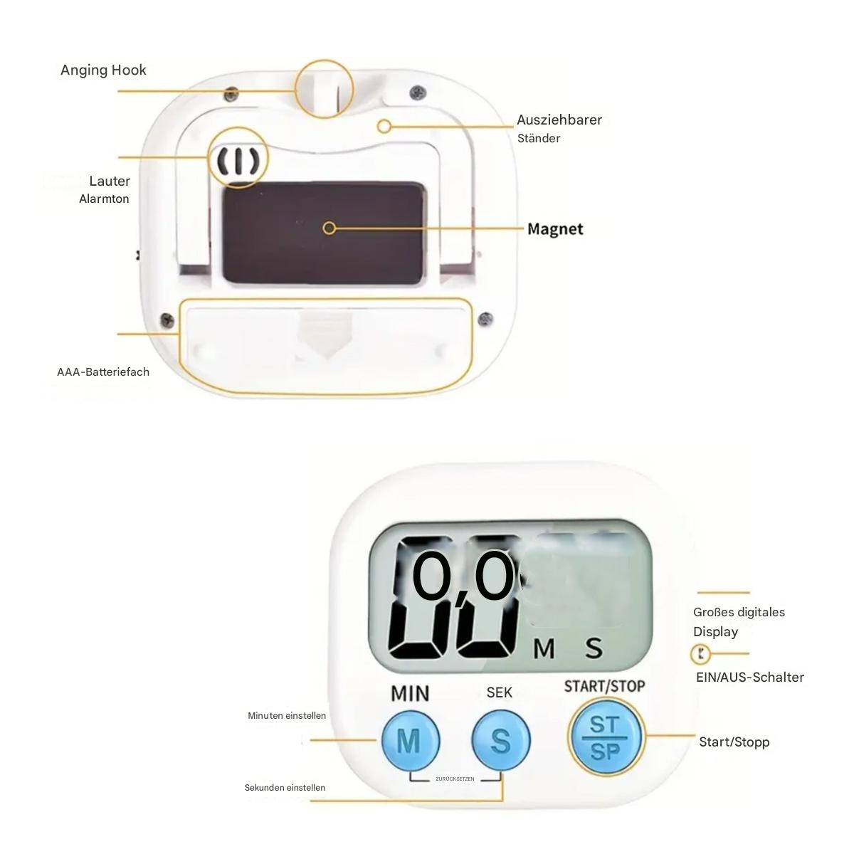Weißer digitaler Küchentimer. Draufsicht mit Tasten und Display. Text-Labels enthalten.