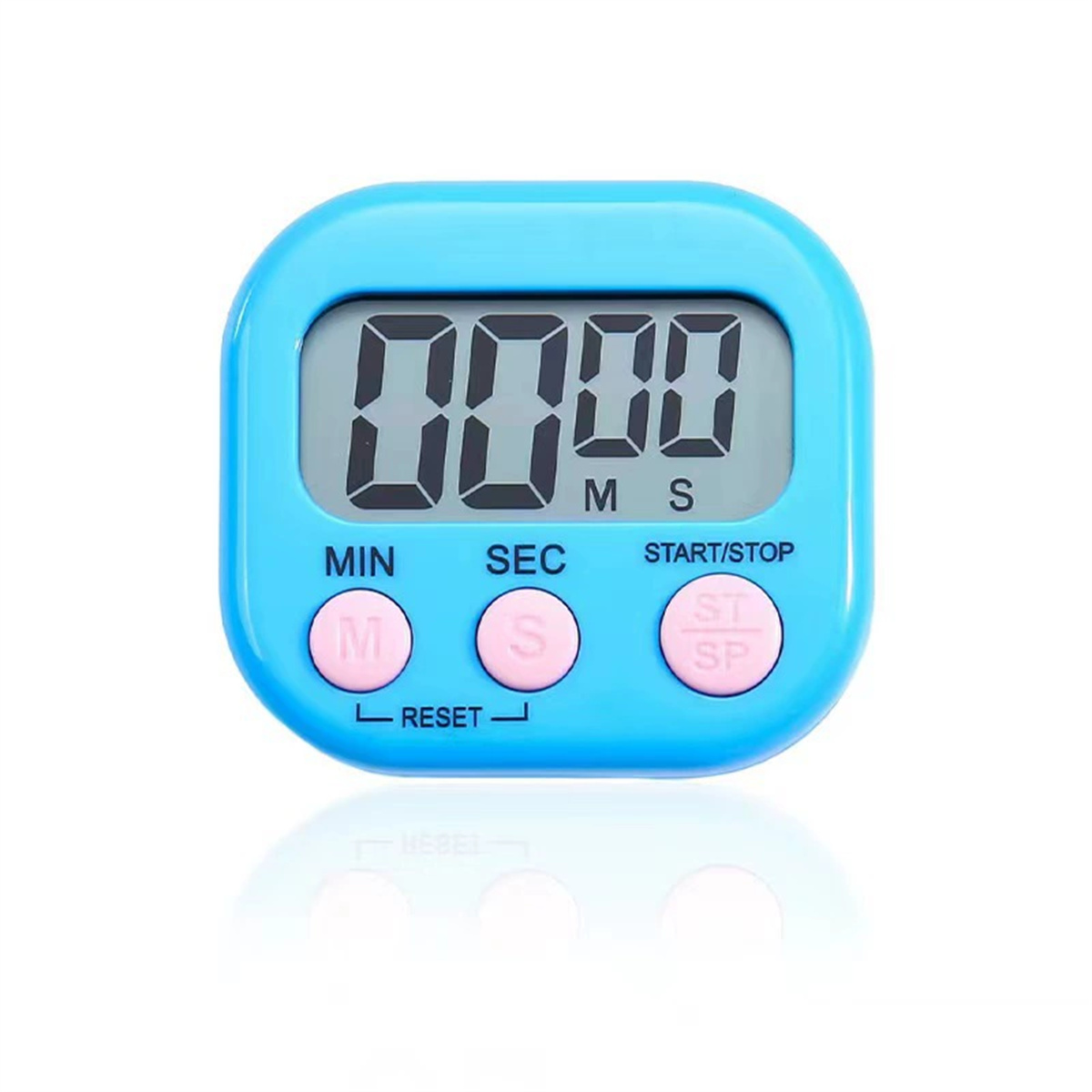 Blauer quadratischer digitaler Küchentimer mit Knöpfen.
