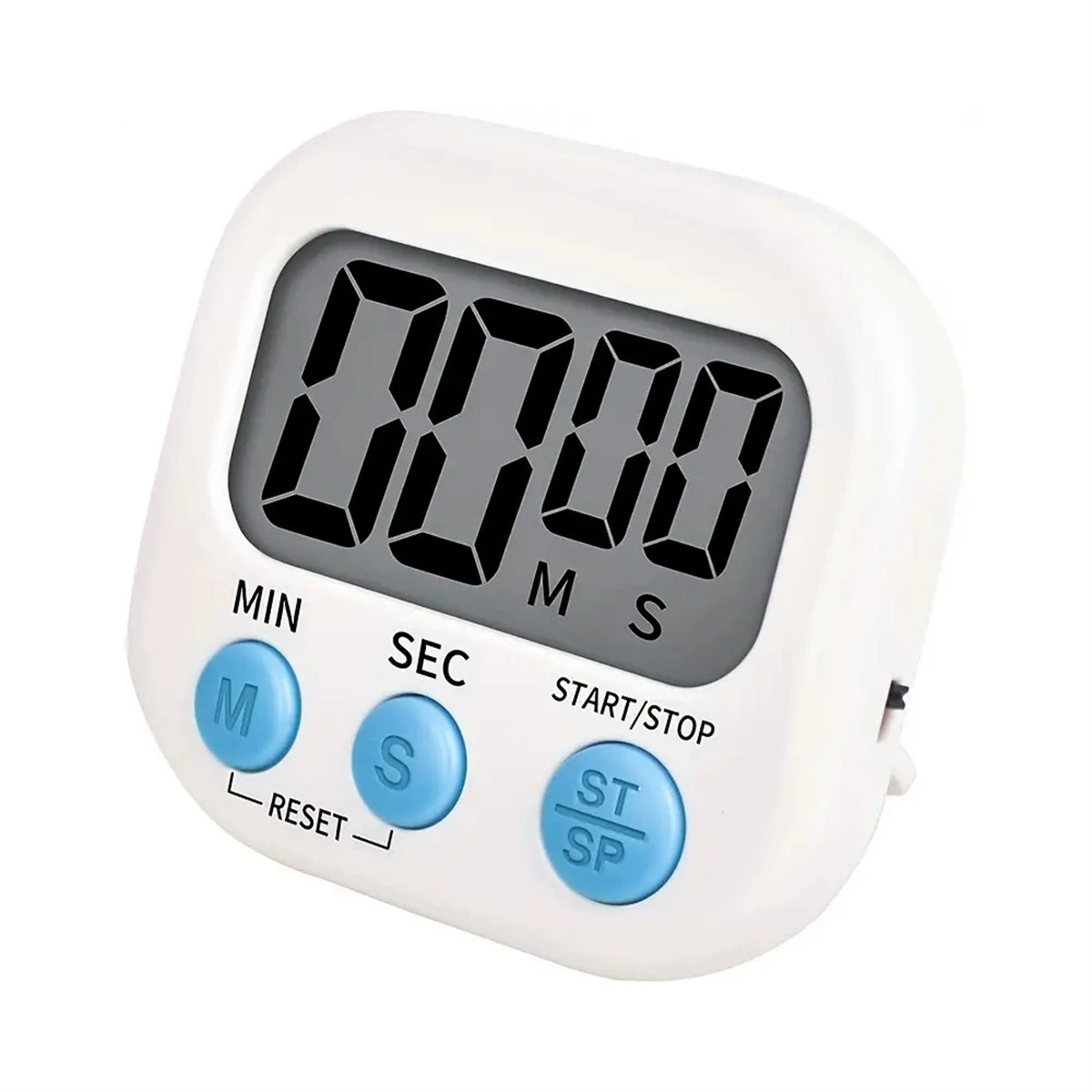 Weißer digitaler Timer mit Tasten: min, sec, Start/Stopp und Reset.