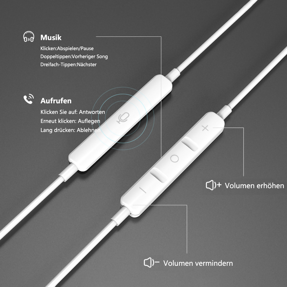 Nahaufnahme der weißen Kopfhörersteuerung mit Knöpfen, Etiketten und weißem Kabel.