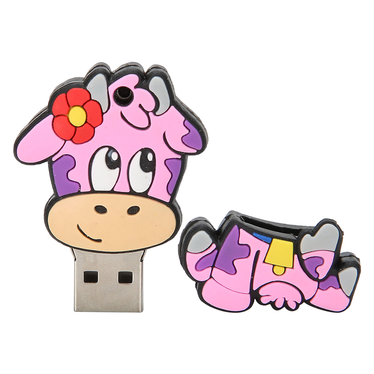 Zwei rosa USB-Flash-Laufwerke in Kuhform. Eins mit Blume und lächelndem Gesicht.