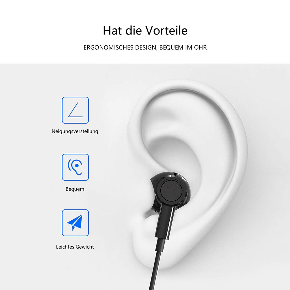 Ohr mit Kopfhörer, mit deutschem Text: Ergonomisches Design, bequem im Ohr.